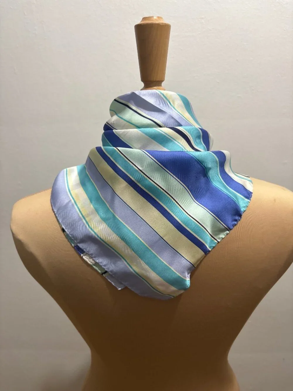 AK Anne Klein 100% silk rectangular scarf in blue, aqua & lemon stripe